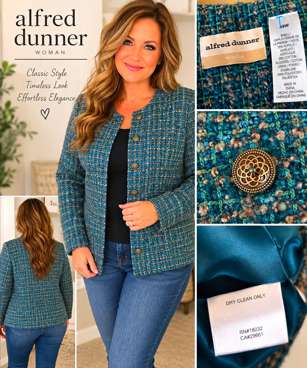 Alfred Dunner Woman Jacket 18W Teal Blue Tweed Boucle Button Front Lined Blazer